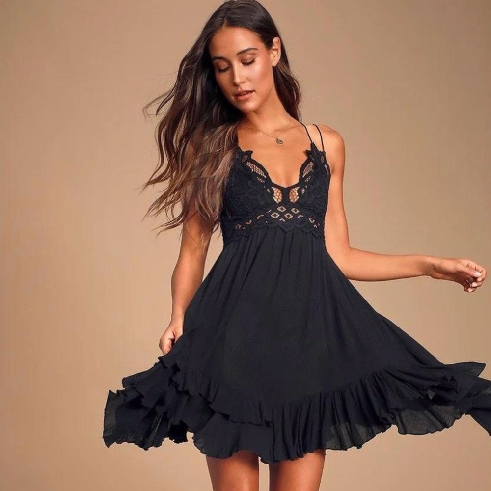 Free People Black Adele Asymmetrical Ruffle Slip Dress